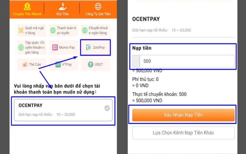 Chọn phương thức ZaloPay và nhập số tiền cần nạp