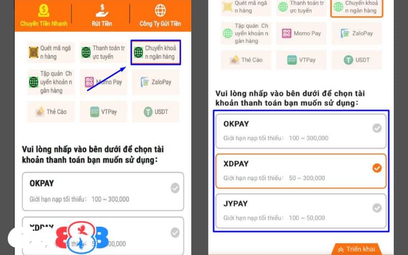Chọn phương thức chuyển khoản ngân hàng và kênh thanh toán